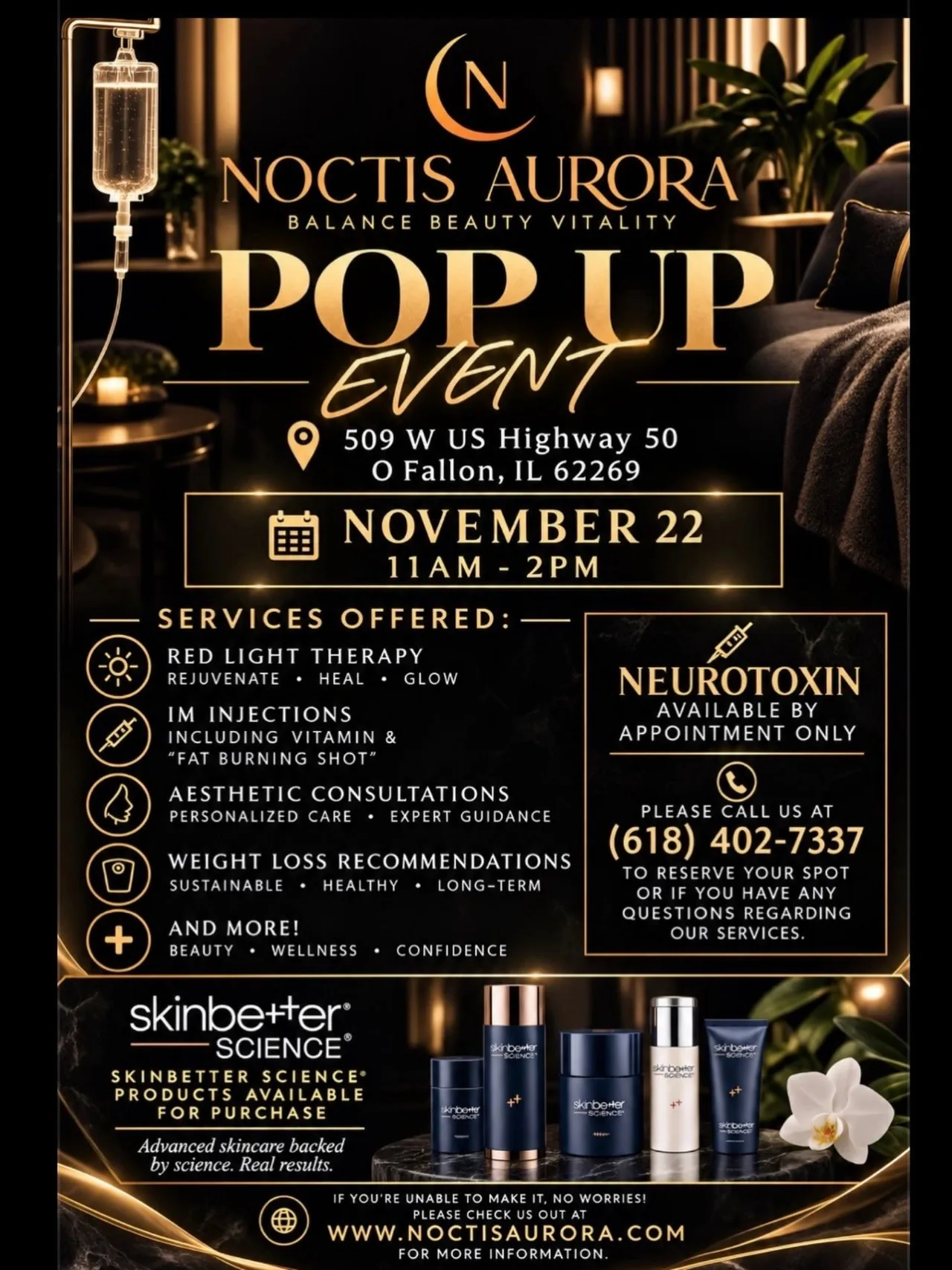 Noctis Aurora pop-up event flyer: 509 W US Highway 50, O’Fallon, IL, November 22, 11 AM to 2 PM
